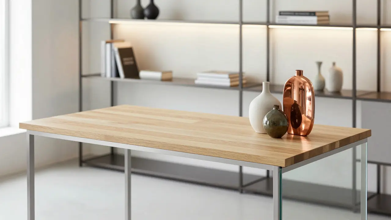 Modernes Home-Office mit Birkenholz-Schreibtisch und Aluminiumgestell