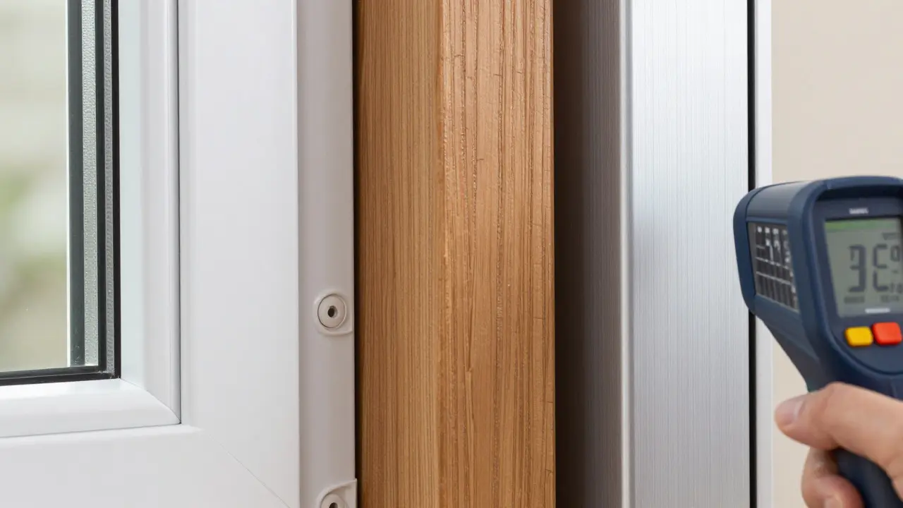 Nahaufnahme von Fensterprofilen aus Kunststoff, Holz und Aluminium