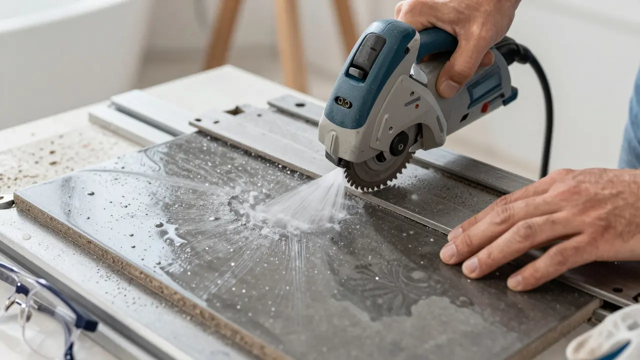 Nassschneider schneidet Feinsteinzeugfliese mit Wasserspray