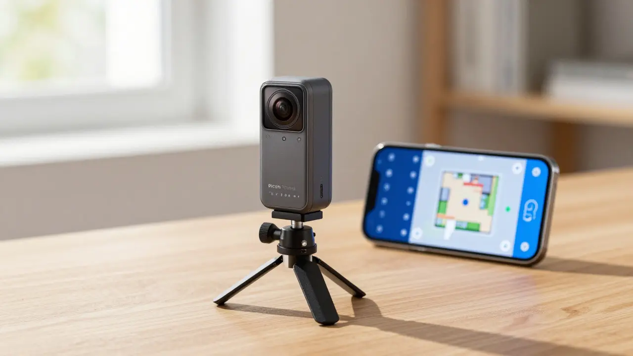 Professionelle 360-Kamera und Smartphone mit Grundriss-App auf einem Tisch