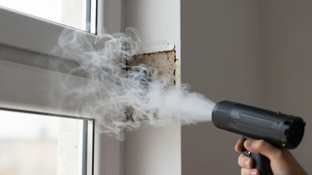 Rauchtest zeigt Luftzug an undichten Fensterfugen deutlich sichtbar