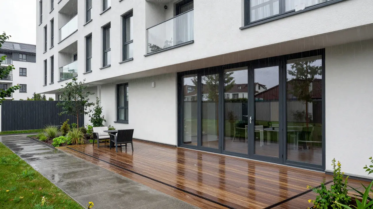 Regensichere Terrasse mit integrierter Drainage an einer modernen Fassade