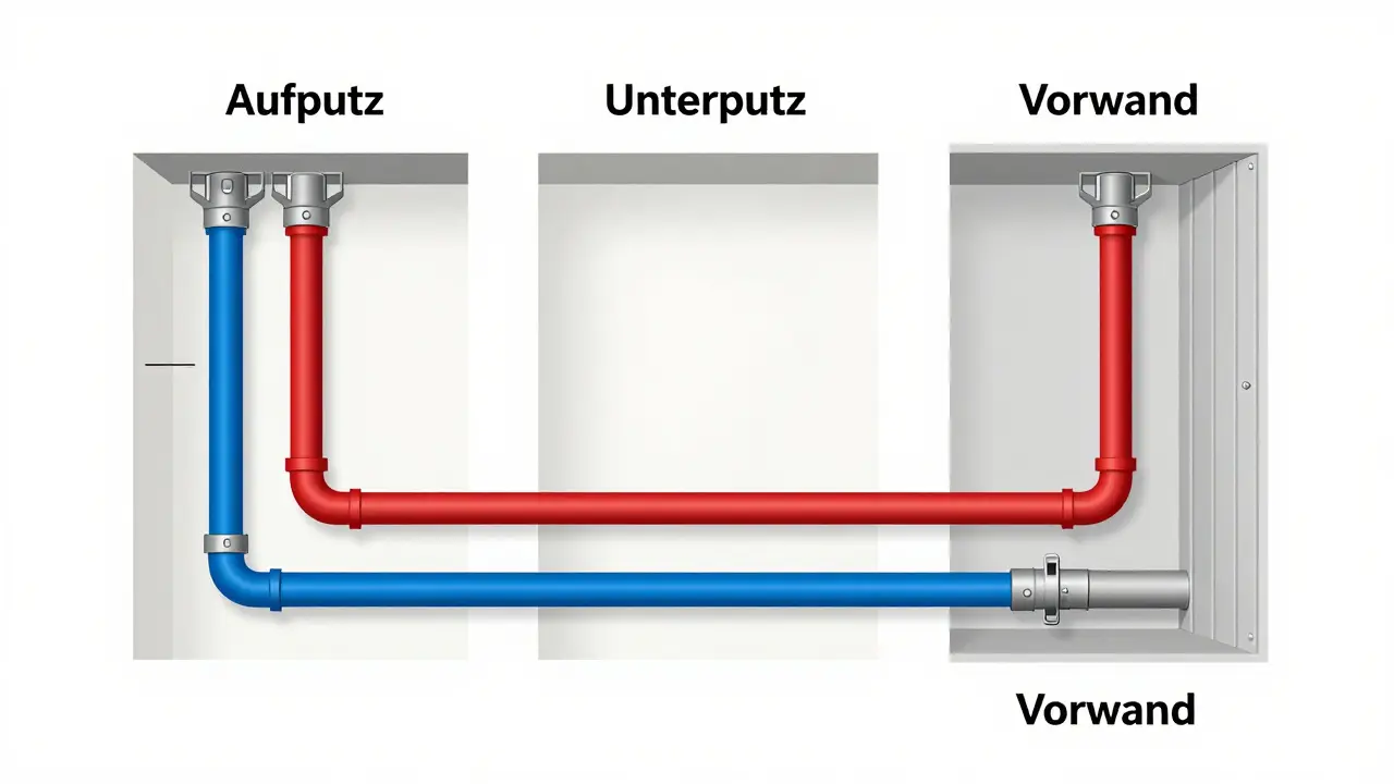 Schematische Darstellung der drei Rohrverlegearten: Aufputz, Unterputz und Vorwand