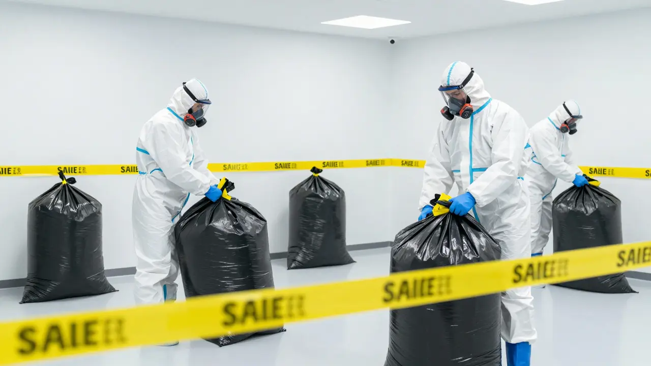 Schutzbekleidung trägt sicher verpackten Asbestmüll weg