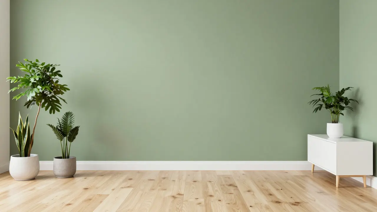 Skandinavisches Wohnzimmer mit salbeigrünen Wänden und Holzakzenten