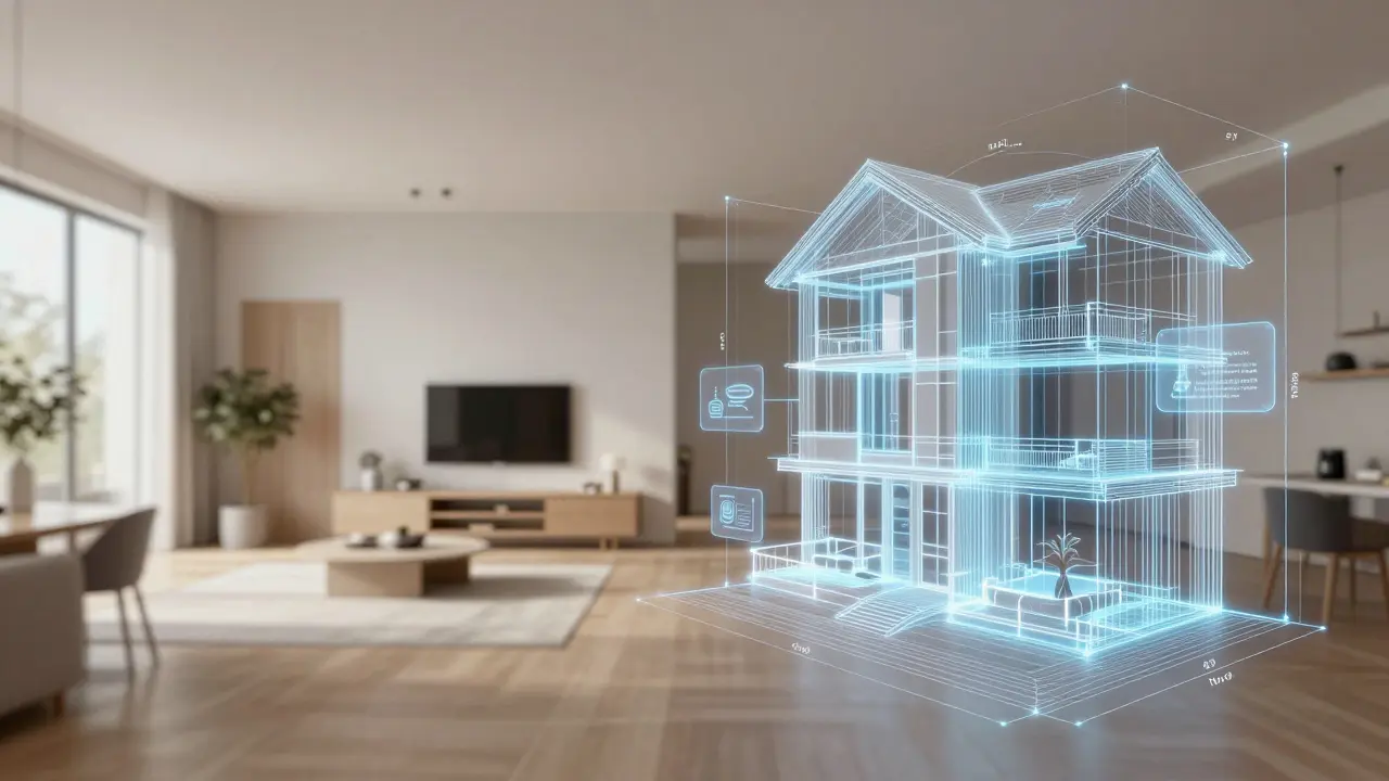 Split-Screen: Realistisches Wohnzimmer mit überlagerten AR-3D-Modellen und Hotspots