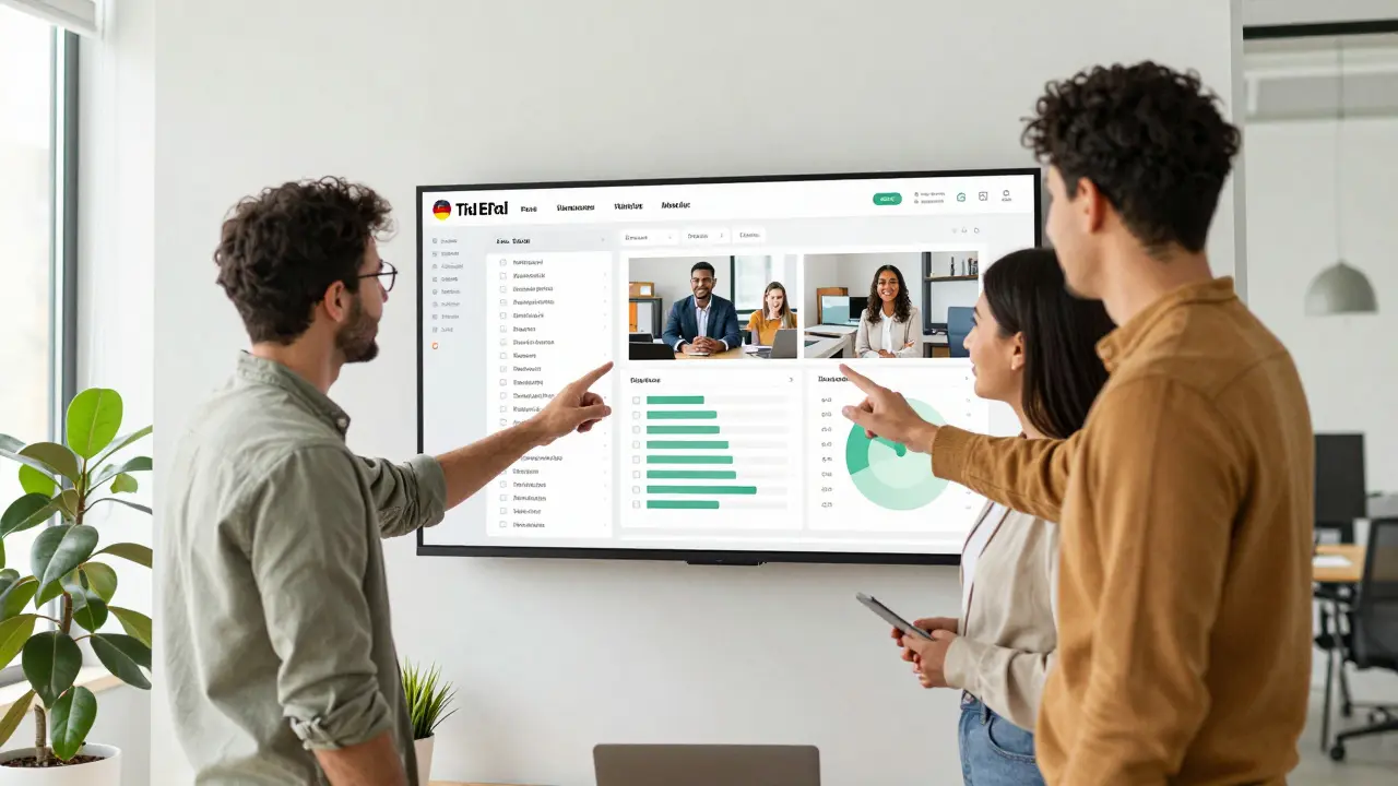 Team bespricht Bauprojektmanagement-Dashboard im modernen Büro