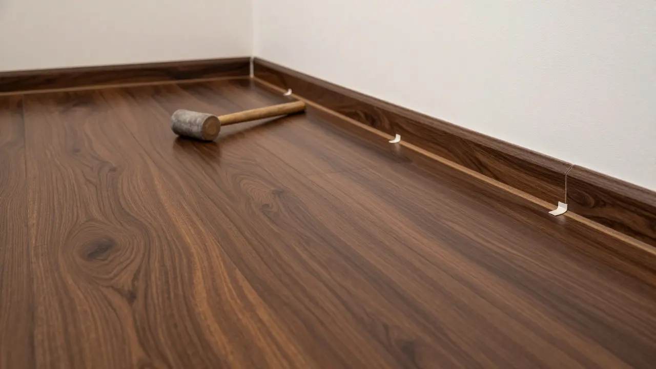 Verlegung der letzten Reihe mit Abstandskilzen an der Wand