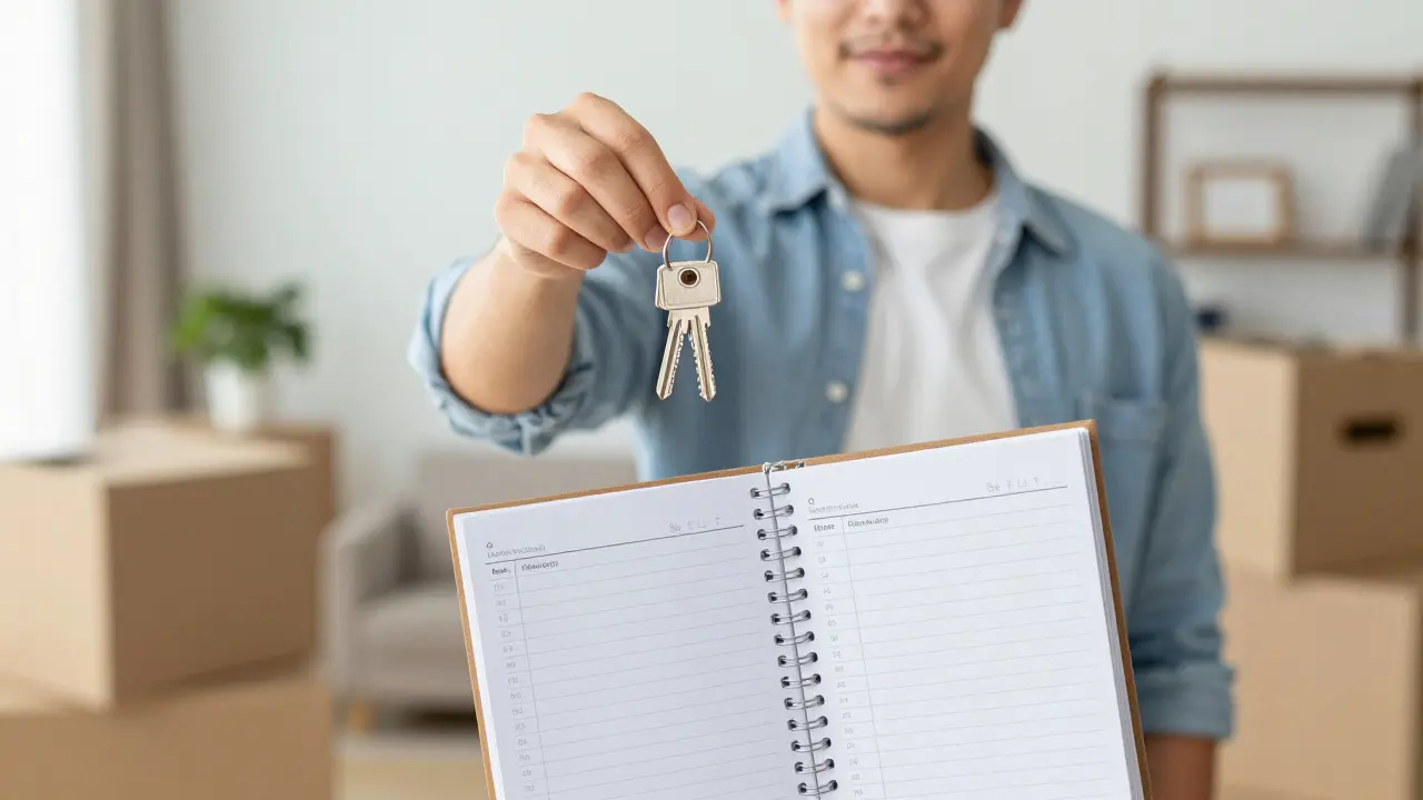 Zufriedener Hauskäufer mit Schlüsseln und Finanzplan im Wohnzimmer