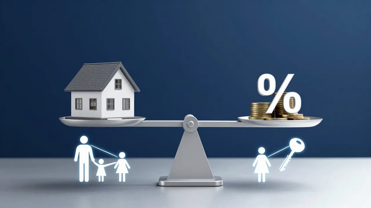 Abstrakte Waage mit Haus und Münzen, Symbol für steuerliche Optimierung durch Nießbrauch