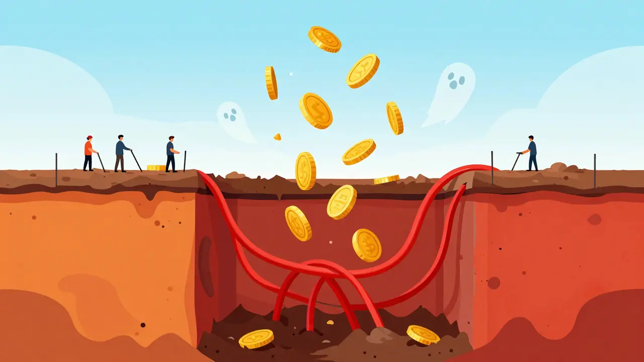 Construction site with hidden costs emerging from underground