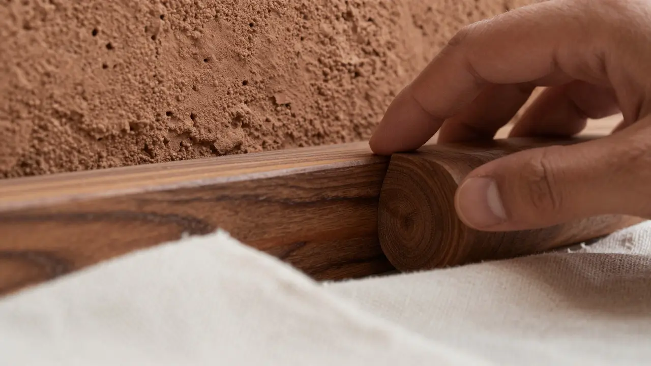 Detailaufnahme von Lehmmauer, Holzstrahl und Leinentuch zur Texturvergleich