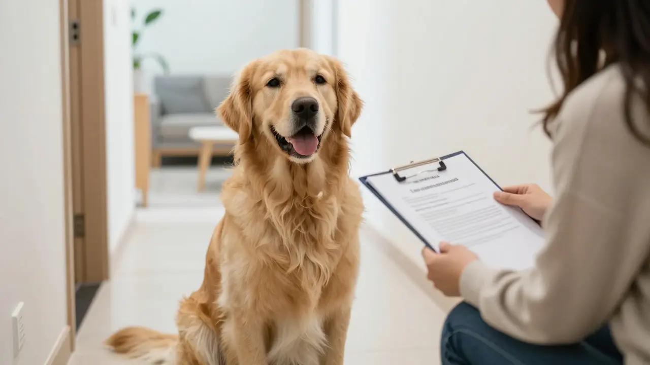 Ein Hund sitzt ruhig neben seinem Besitzer in einer modernen Wohnung