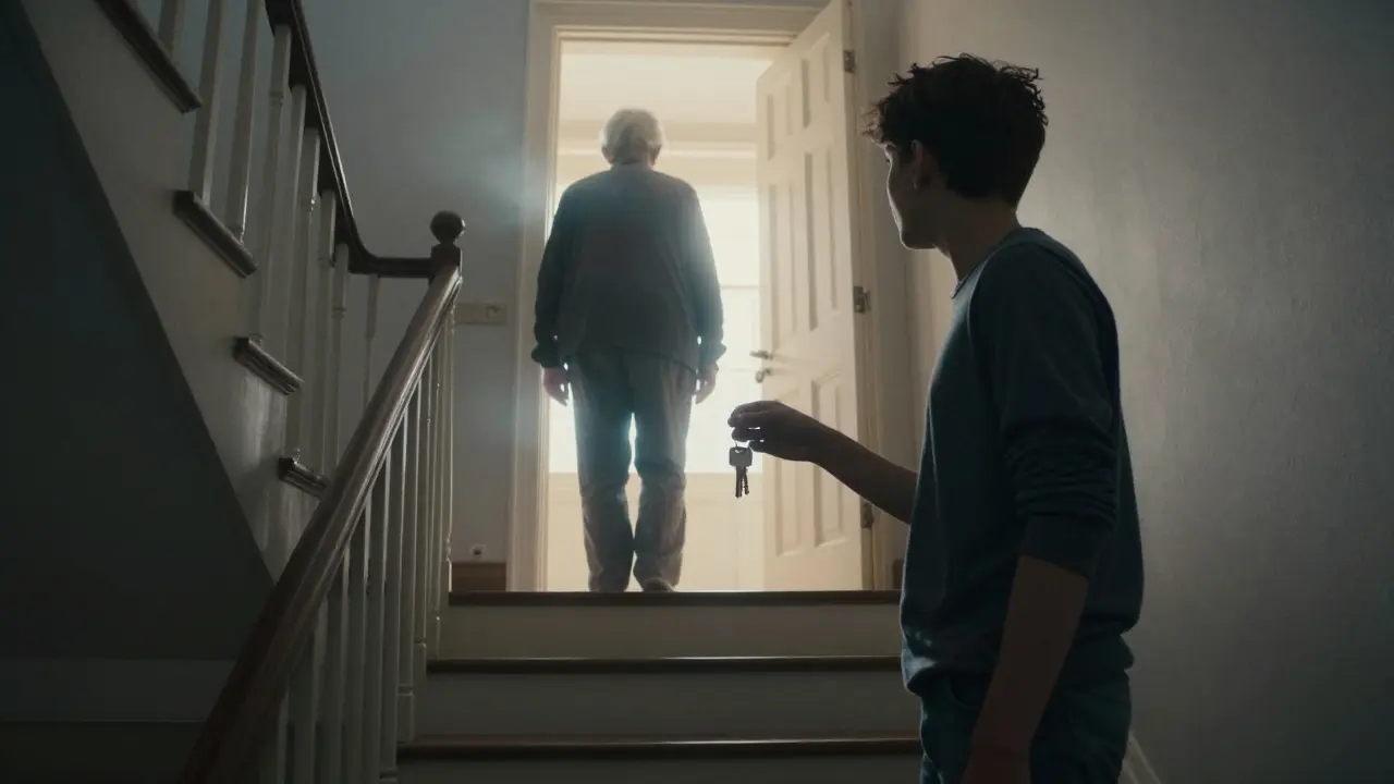 Elderly figure fading away from a house as a younger heir holds keys below