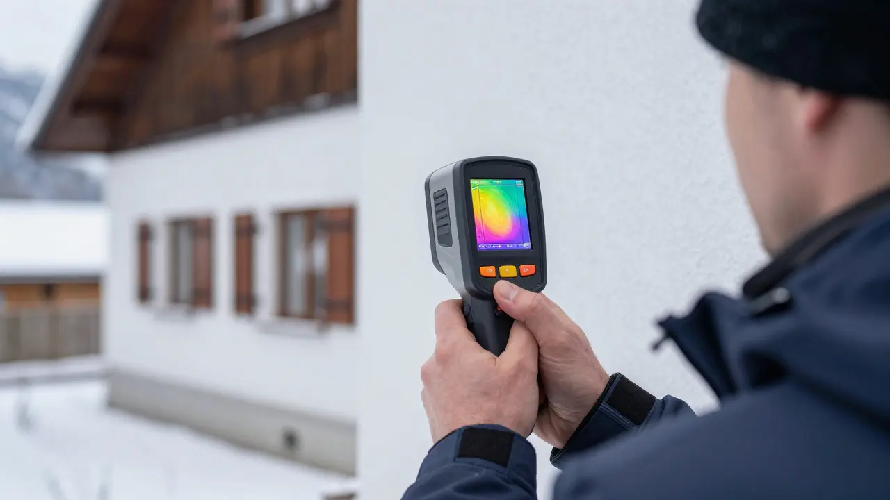 Energieberater misst mit einer Wärmebildkamera die Isolierung eines Hauses