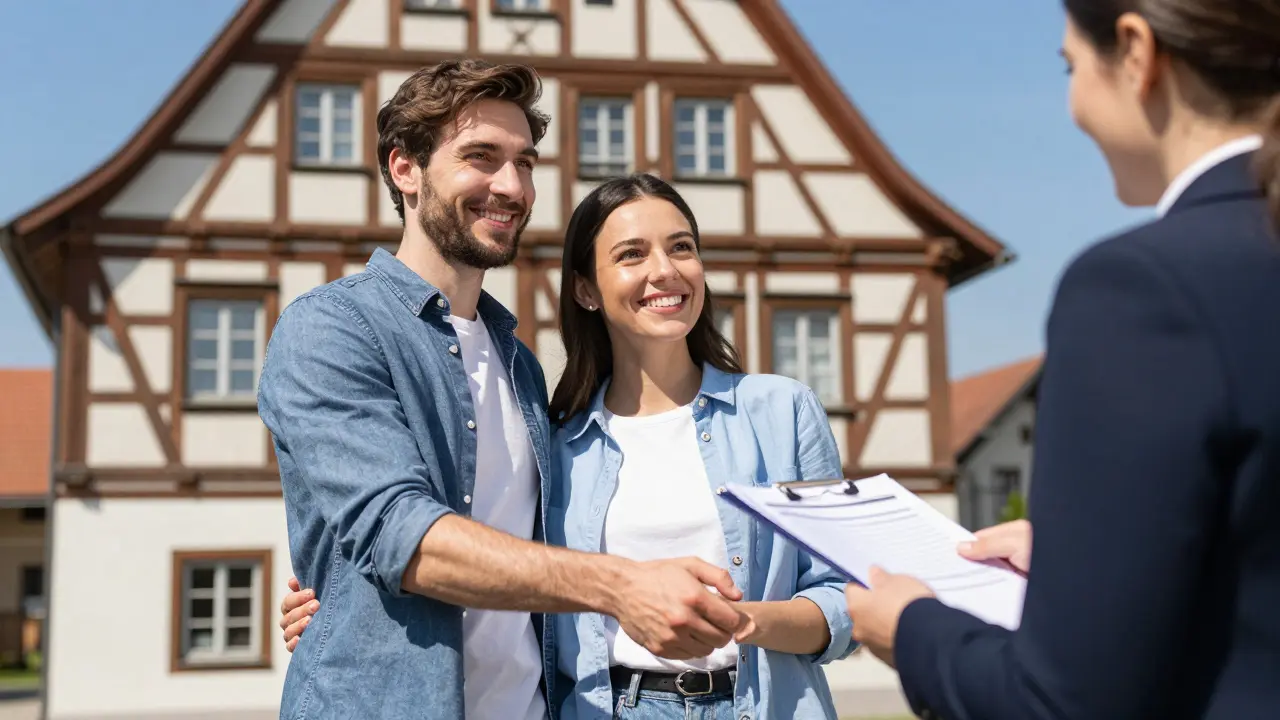 Glückliches Paar schüttelt Bankberater vor Haus die Hand