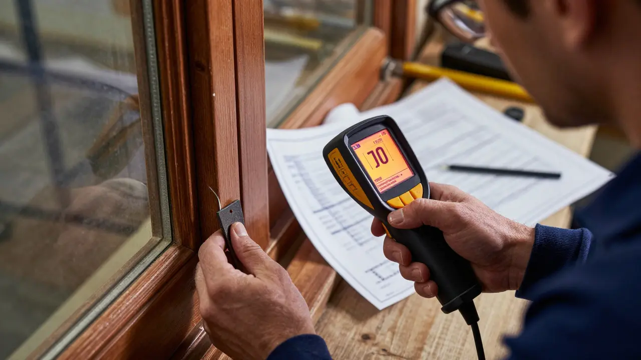 Handwerker und Berater prüfen energiesparende Restaurierung eines Fensters