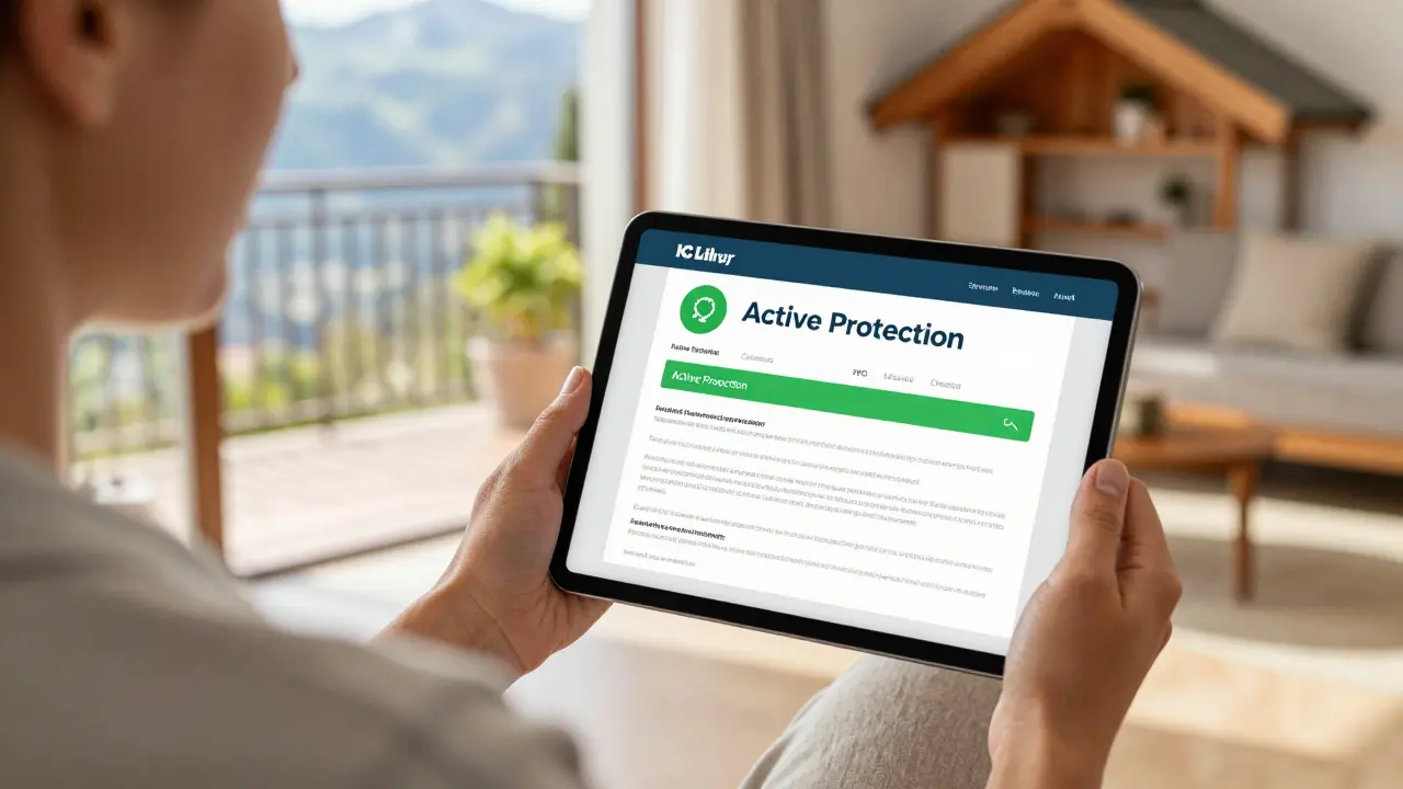 Hausbesitzer mit Tablet zeigt aktiven Versicherungsschutz für Immobilien im Ausland