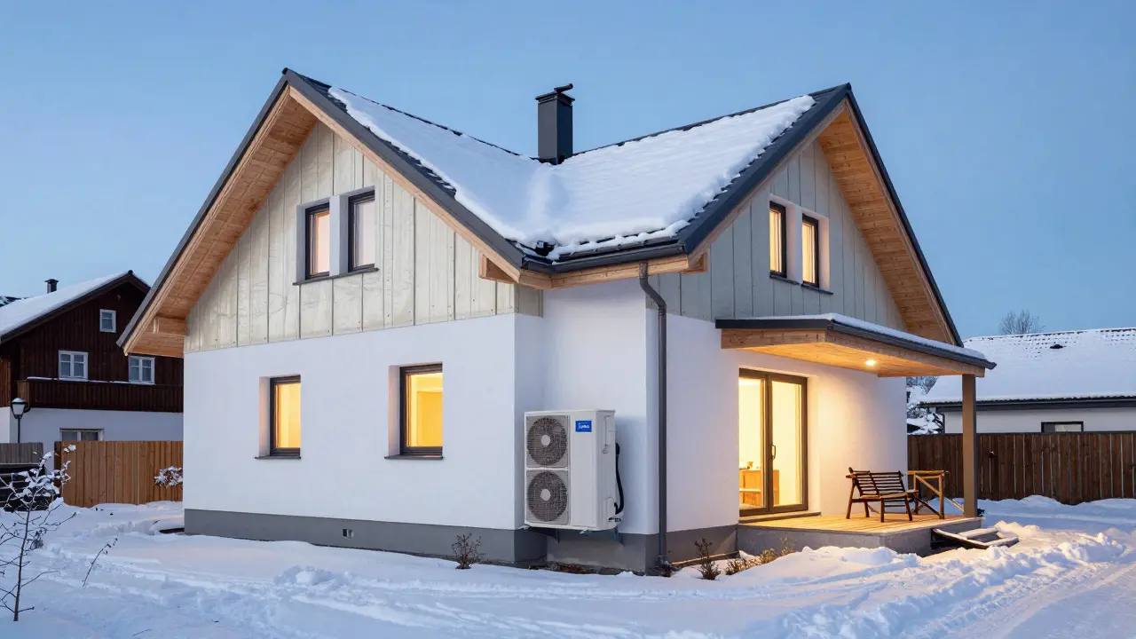 Modern gedämmtes Haus mit externer Luft-Wasser-Wärmepumpe im Winter