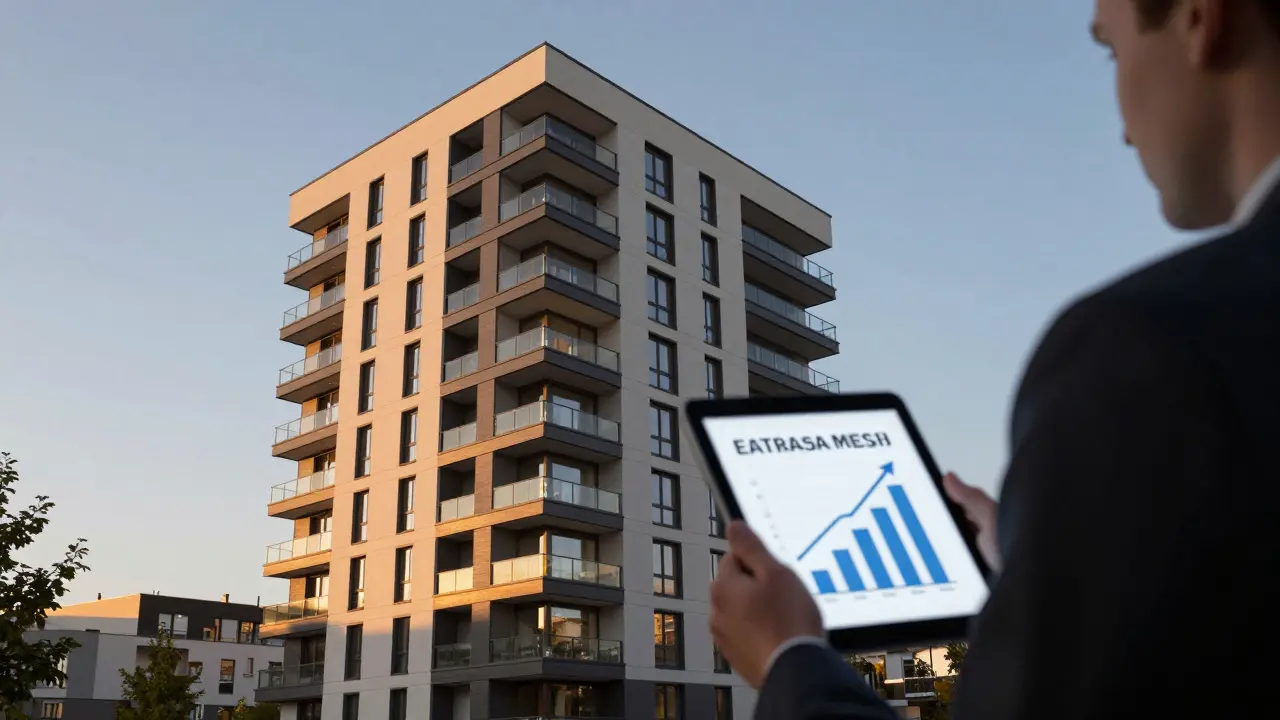 Modernes Wohnhaus mit Investor und Wachstumsdiagramm