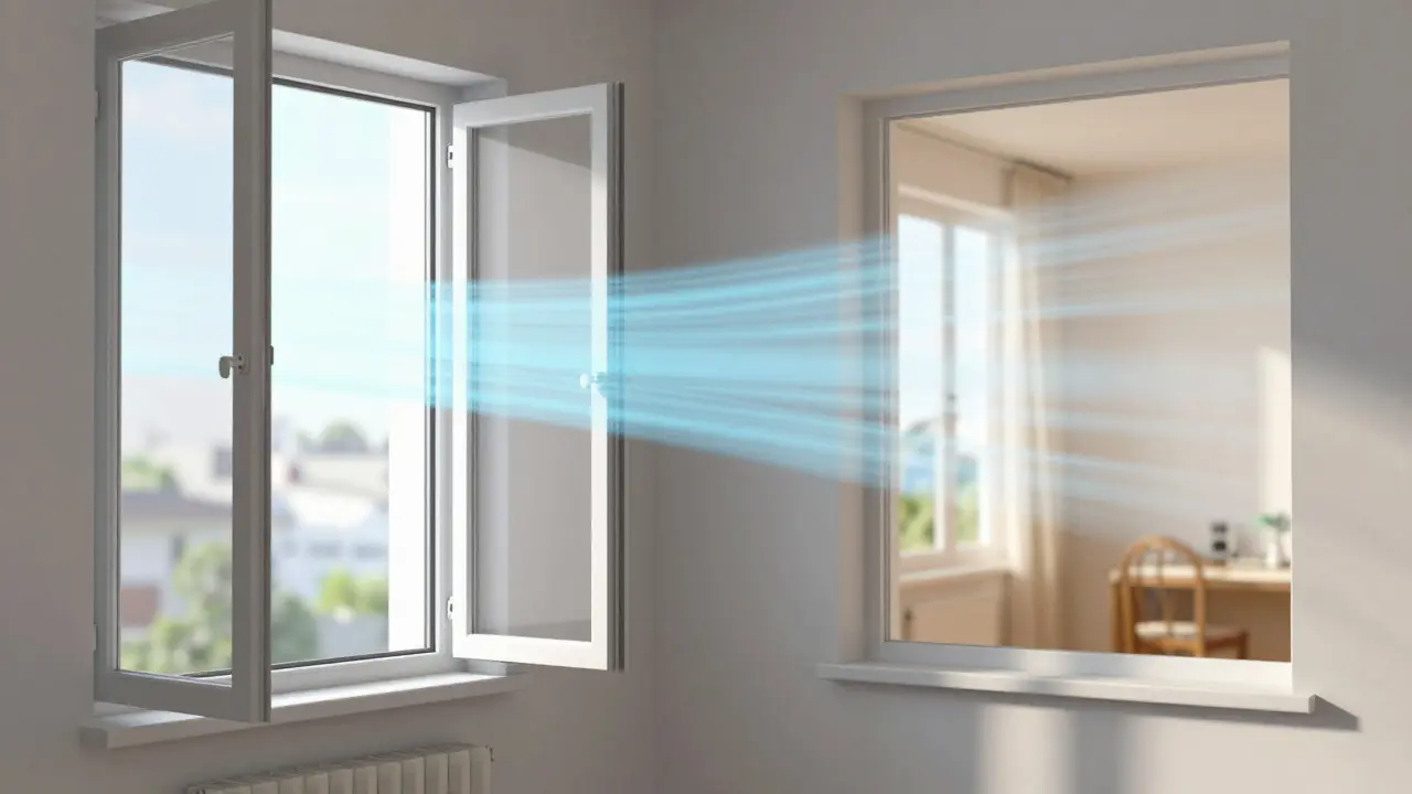Querlüften: Frische Luft strömt durch offene Fenster