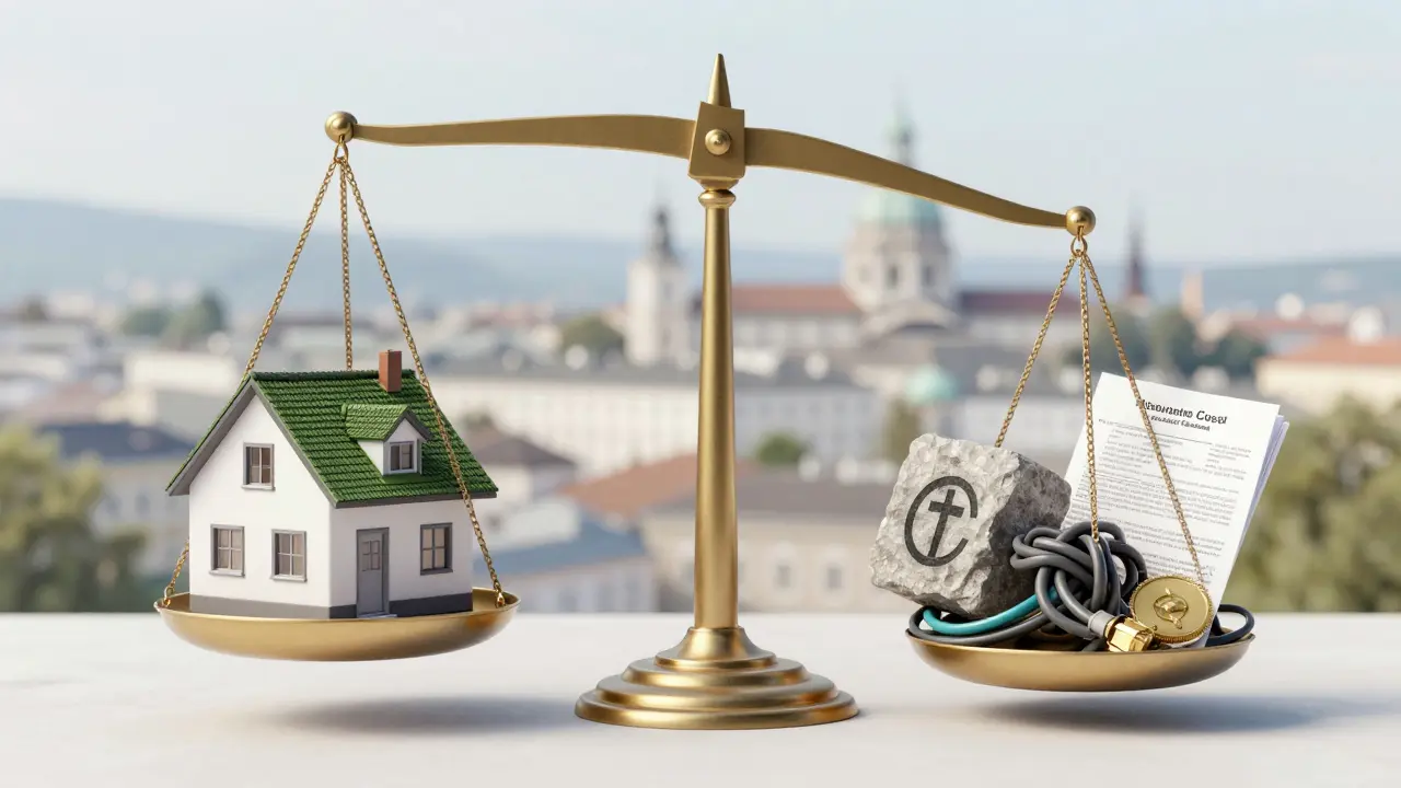 Scale balancing a house model against piles of expense items