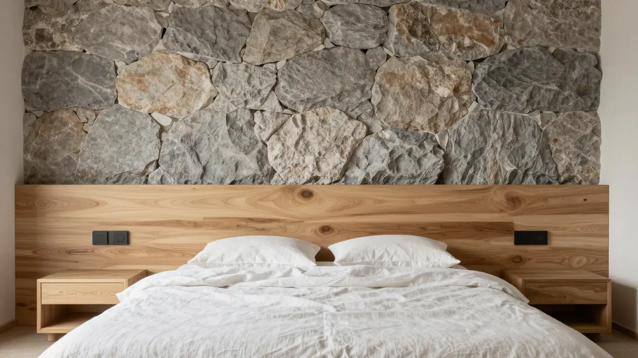 Schlafzimmer mit Steingemauert, Holzkopfteil und weißer Leinenbettwäsche