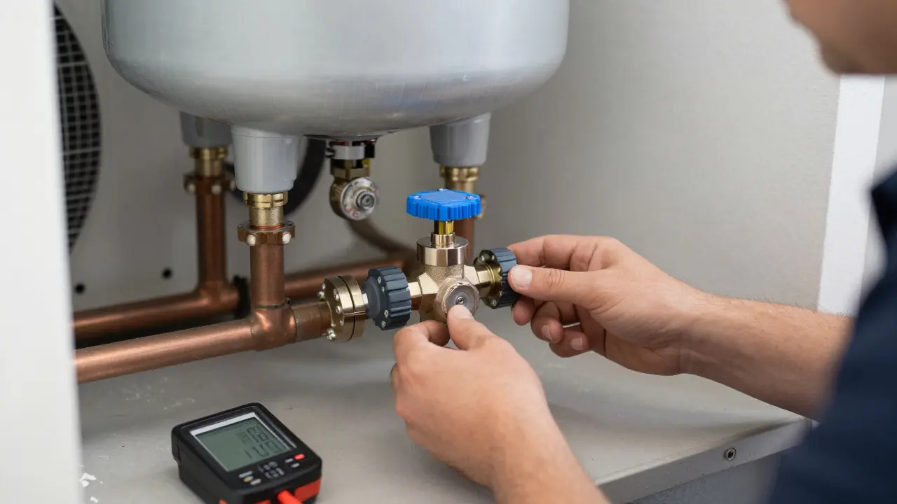 Techniker führt hydraulischen Abgleich bei einer neuen Wärmepumpeninstallation durch