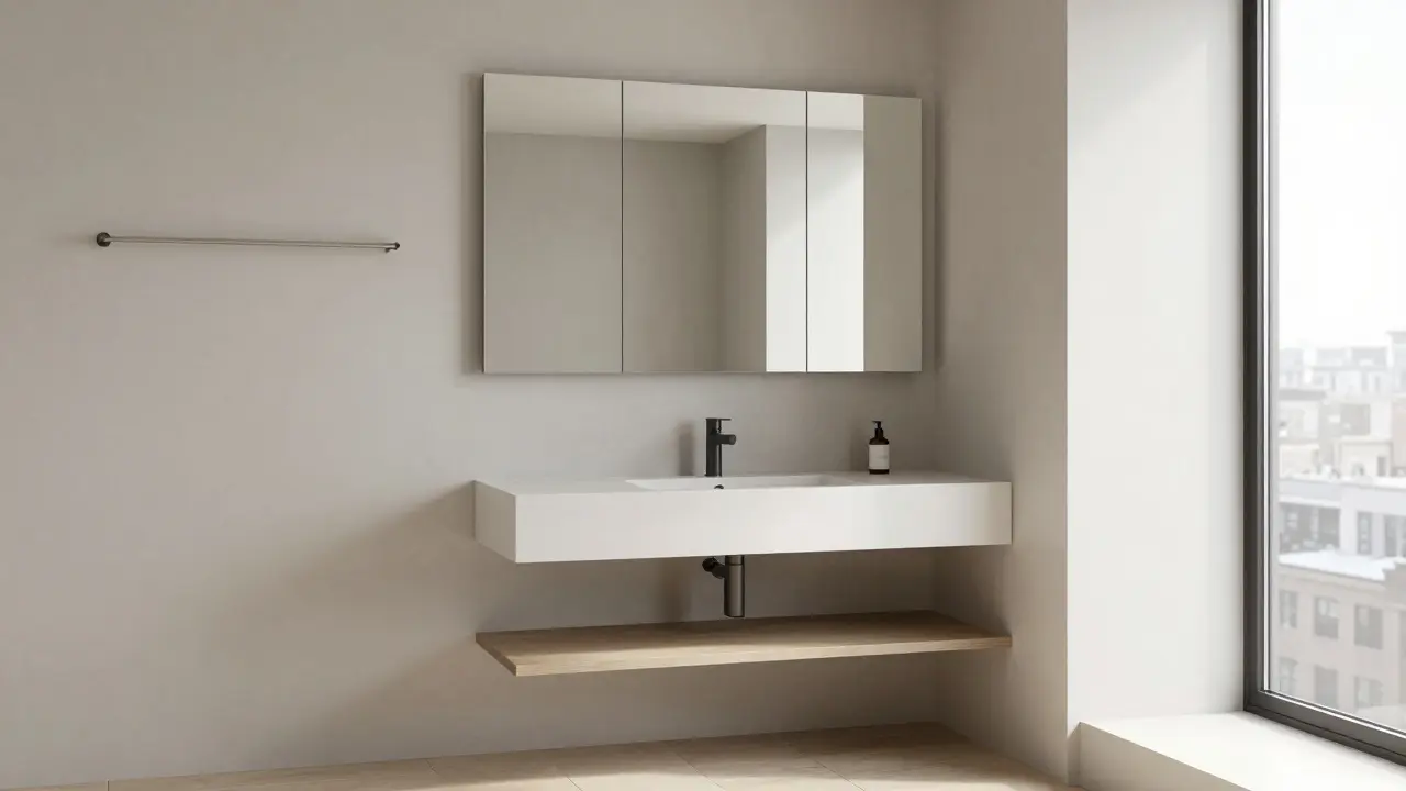 Wandwaschbecken und Spiegelschrank in modernem Mini-Bad