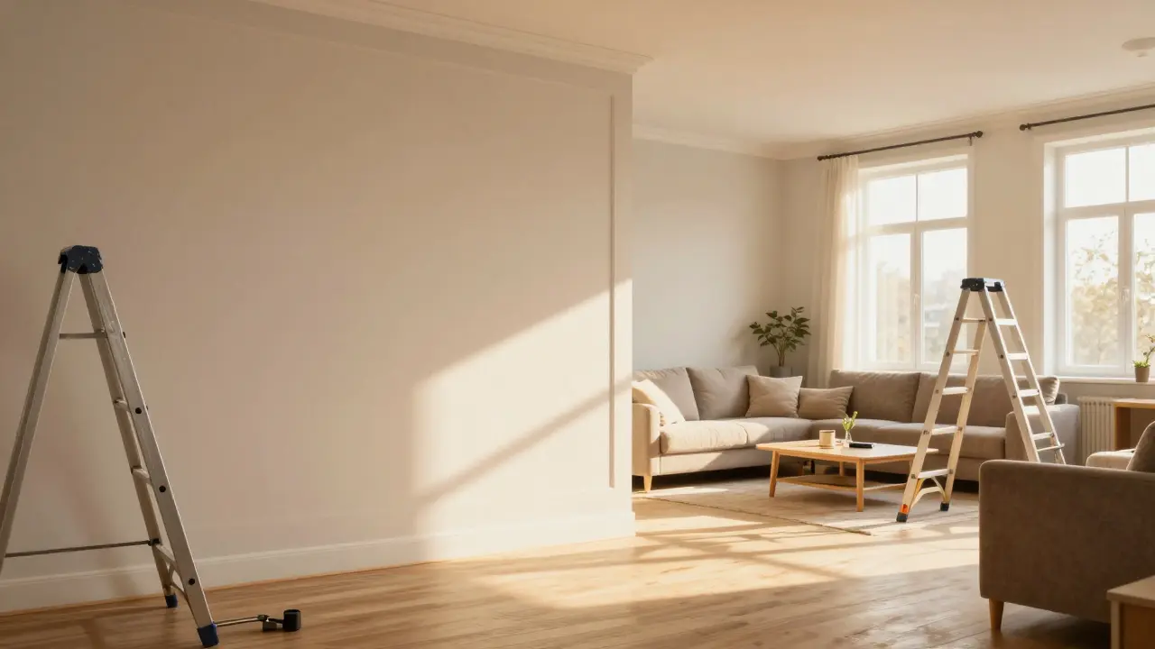 Wohnzimmer im Umbau mit neuen Farben und besserer Beleuchtung