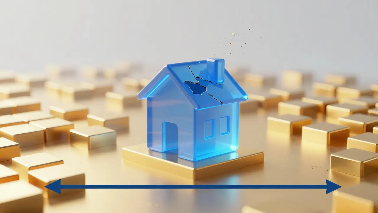 3D-Illustration: Goldener Boden bleibt stabil, blaues Gebäude veraltet und zerfällt