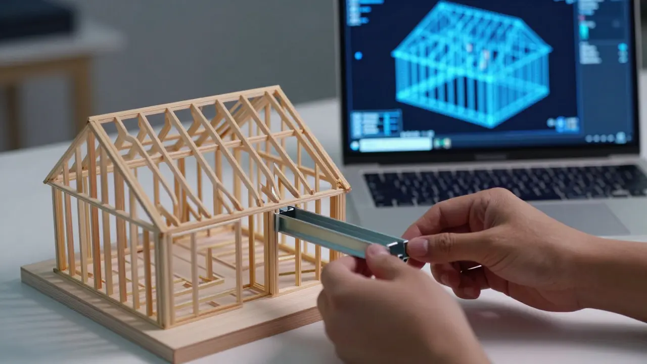 Architekturmodell neben Laptop mit 3D-BIM-Struktur