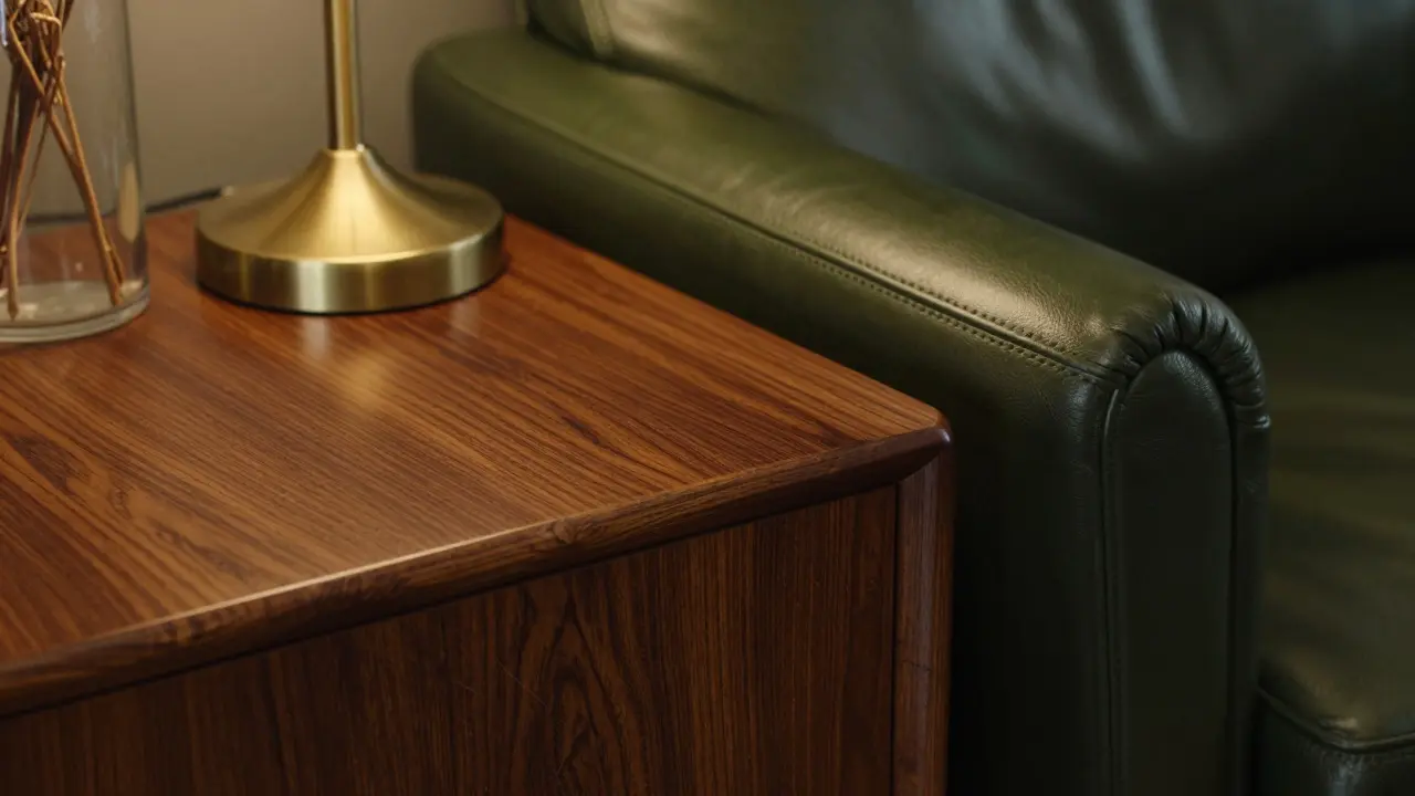 Detailaufnahme von Teakholz und olivgrünem Leder im Retro-Stil