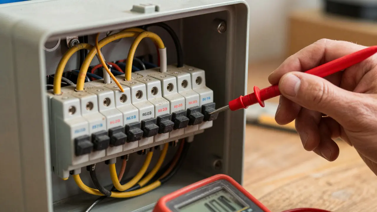 Elektriker prüft alte Sicherungskiste mit Messgerät