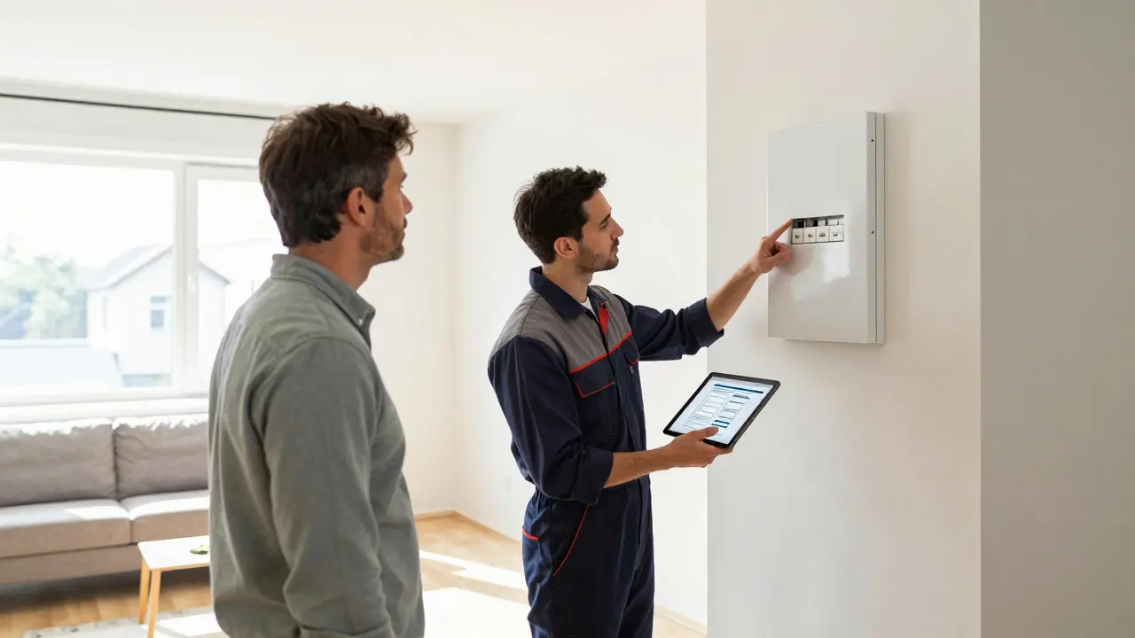 Elektriker zeigt neuen Verteilerkasten im hellen Wohnzimmer