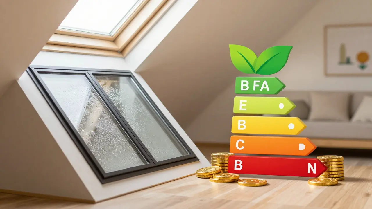 Energieeffizientes Dachfenster mit Symbolen für Förderung