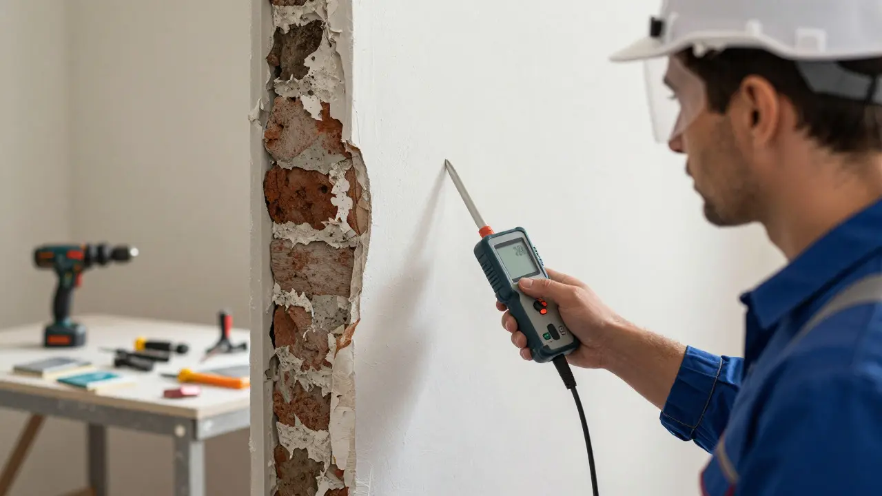 Experte misst Feuchtigkeit mit Messgerät an einer freigelegten Wand