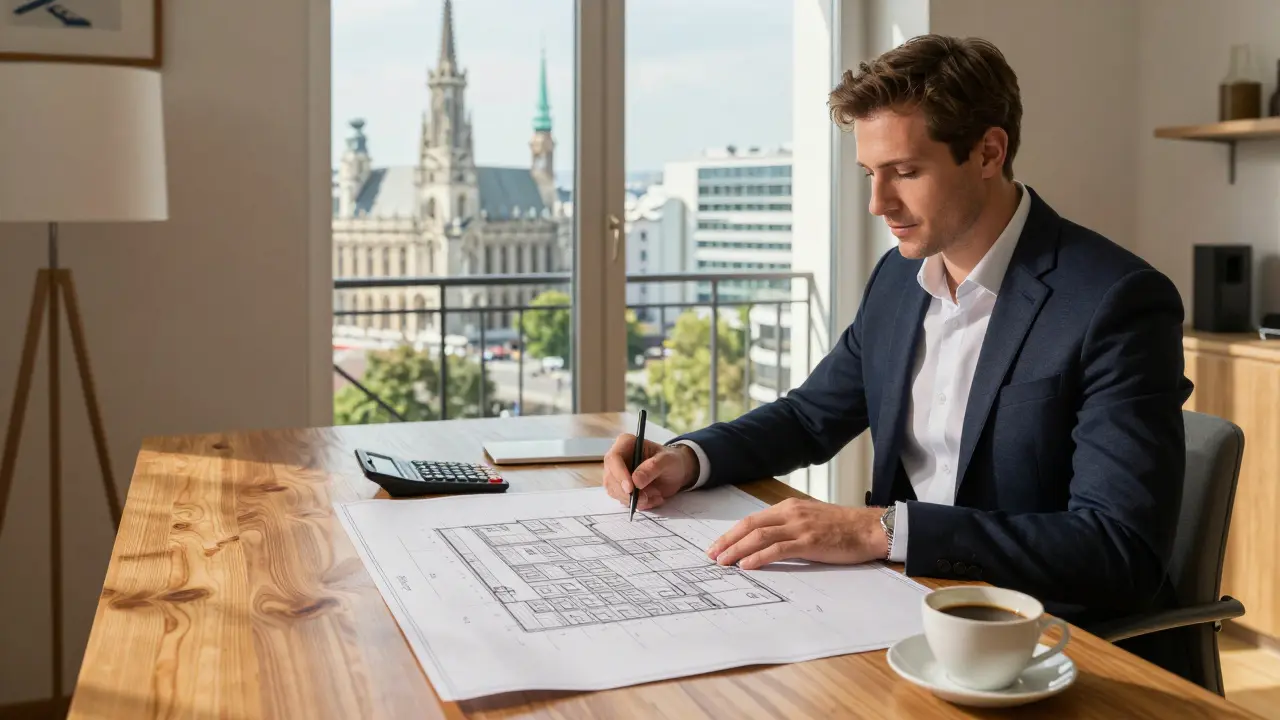 Investor am Schreibtisch mit Bauplänen vor Wiener Skyline
