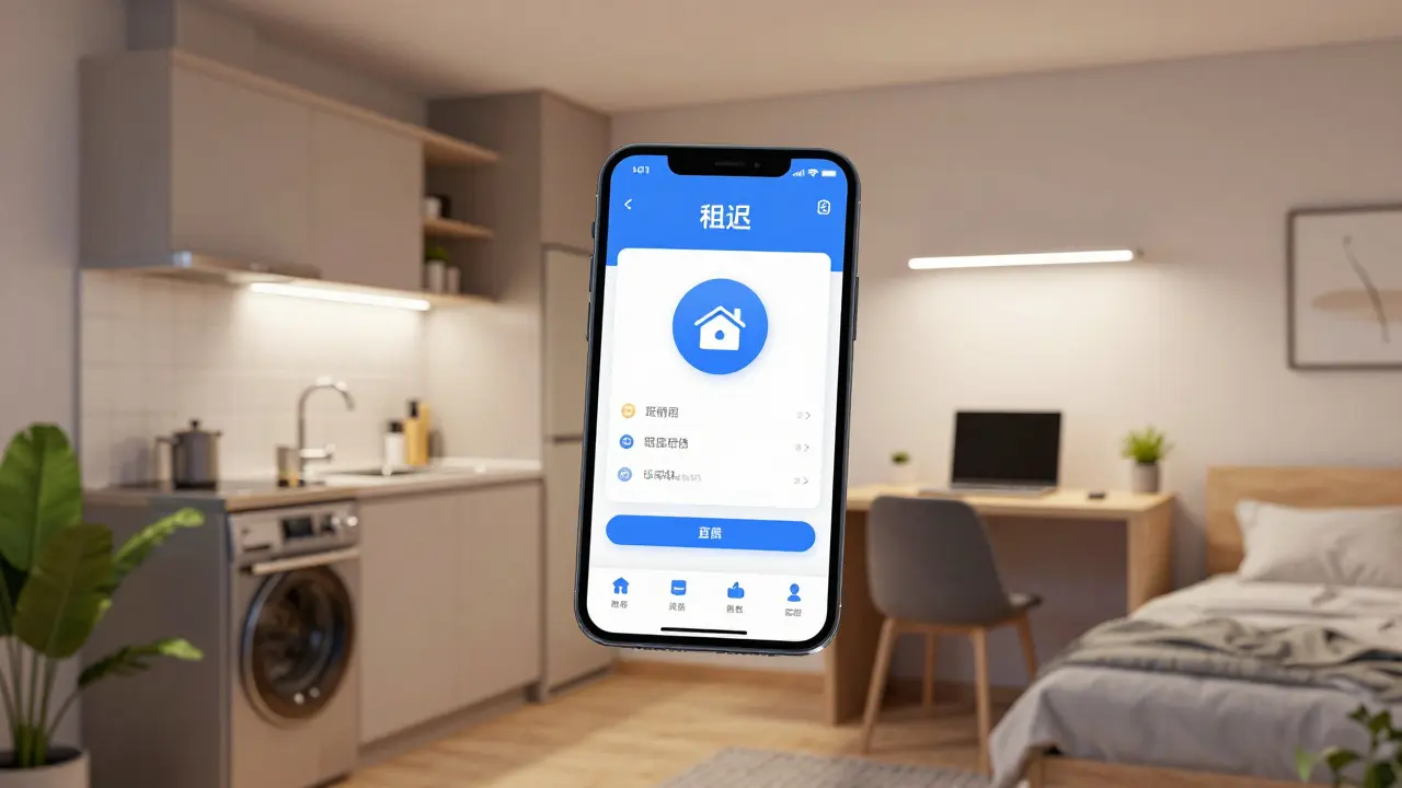 Kompaktes, voll möbliertes Mikroapartment mit Smartphone-Symbolik