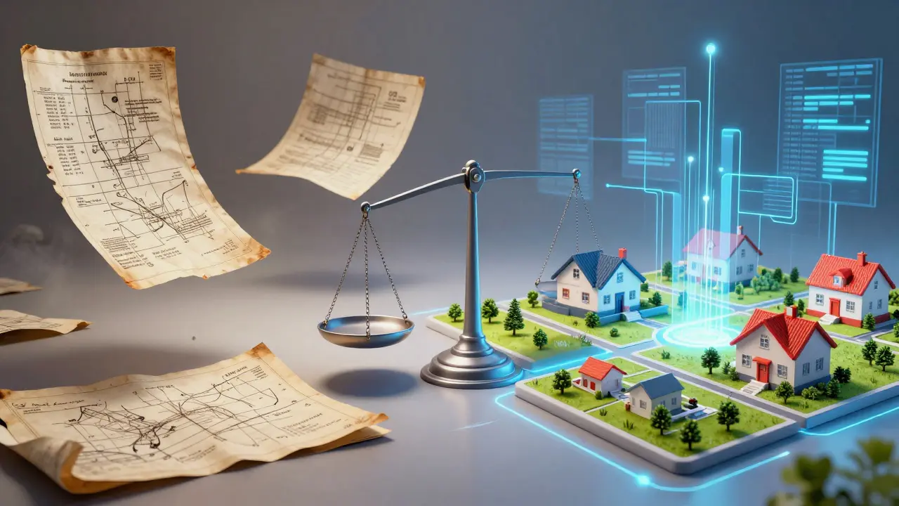 Kontrast zwischen alten historischen Plänen und modernen Immobilienwerten