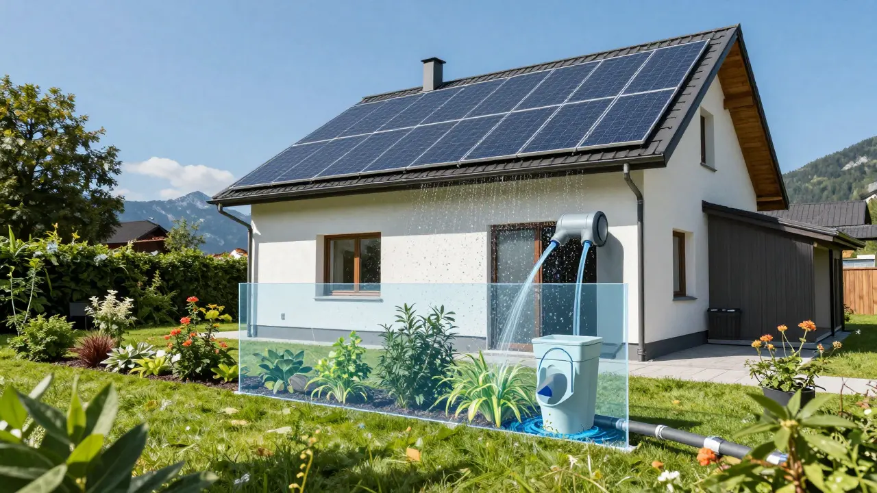 Nachhaltiges Haus mit Gartenbewässerung durch wiederverwendetes Wasser