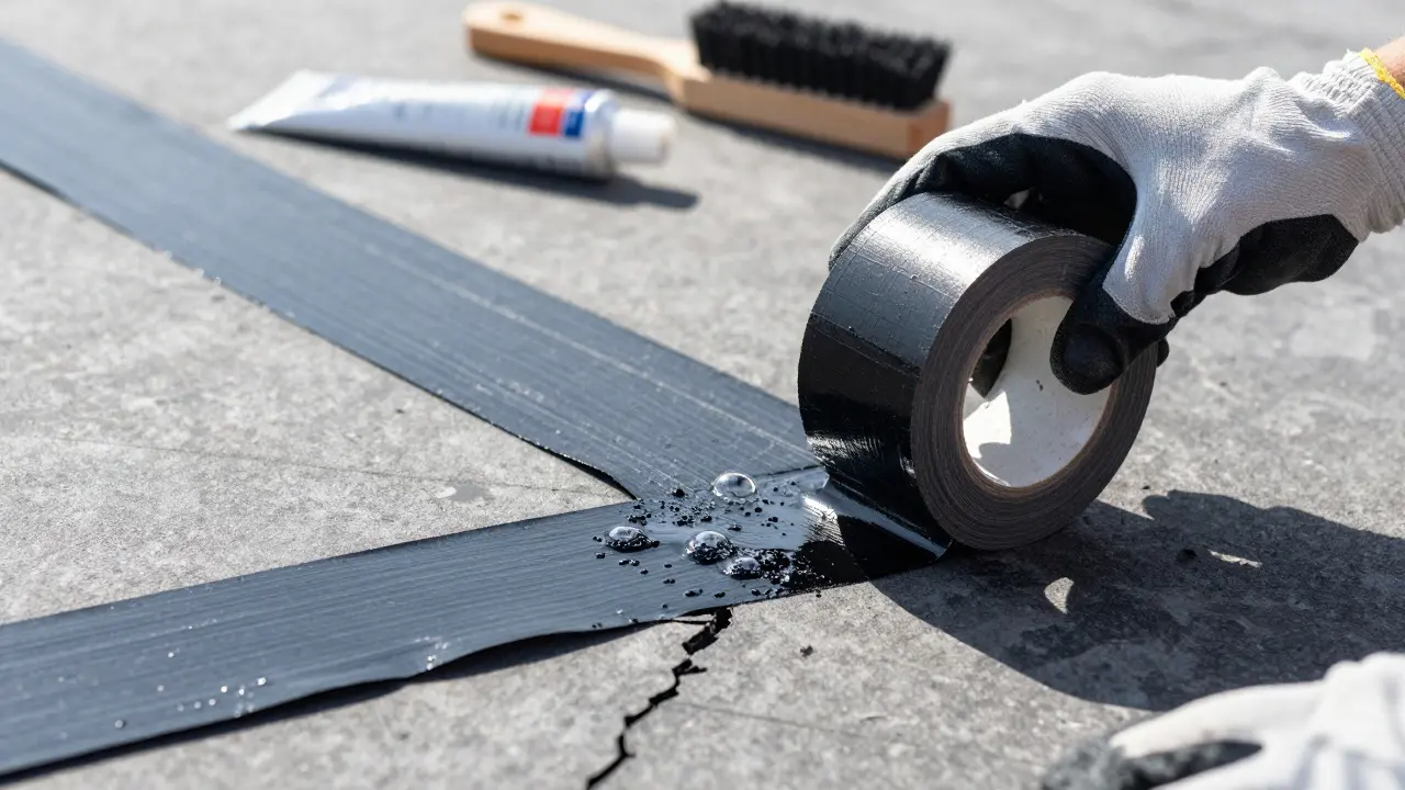 Nahaufnahme: Anwendung von Bitumenband zur Dachreparatur