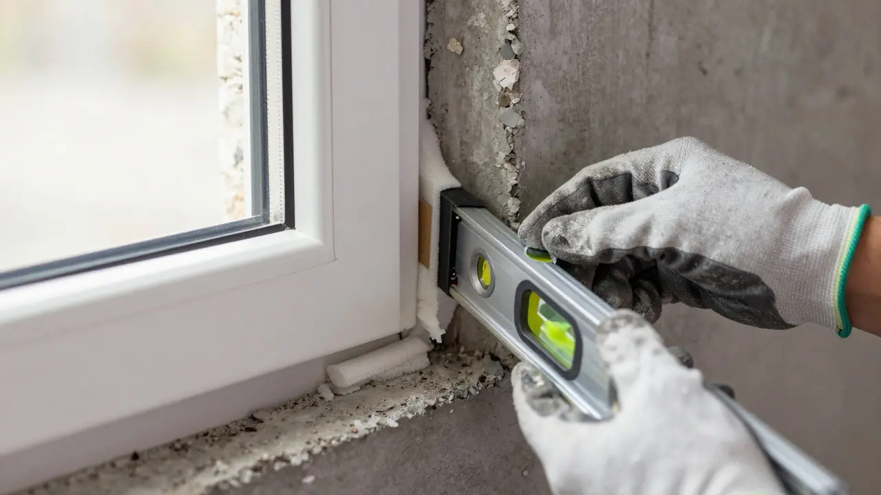 Nahaufnahme der präzisen Montage eines neuen Kellerfensters mit Dämmstoff