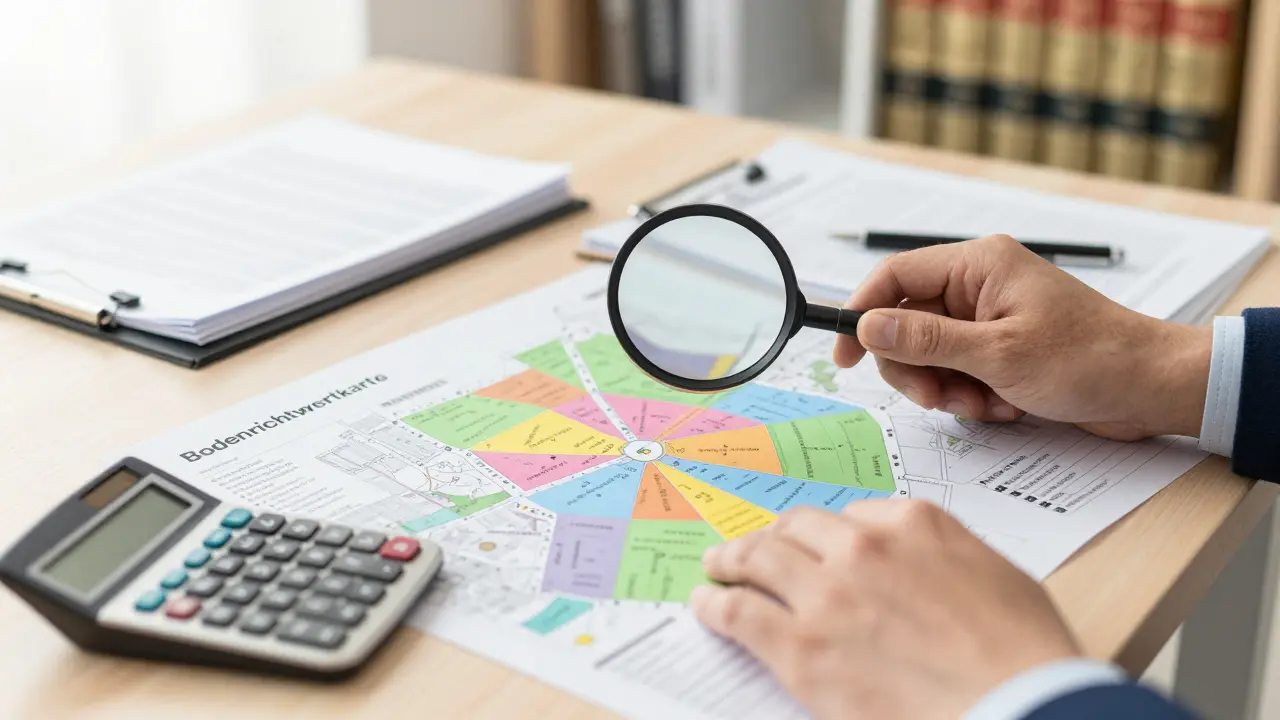Nahaufnahme: Immobilienbewertung mit Karten, Rechner und Dokumenten auf dem Schreibtisch