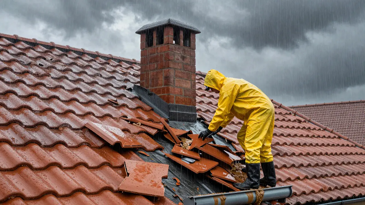 Person inspiziert nasses Dach und verstopfte Rinne bei Regen