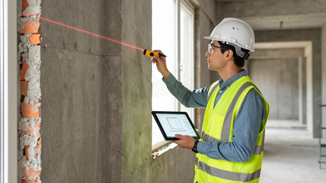 Statiker prüft tragende Wand mit Tablet und Messgerät