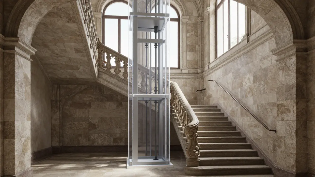 Transparenter Aufzug in historischem Treppenhaus als reversible Lösung