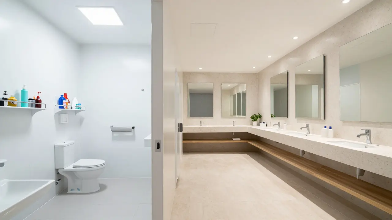 Vergleich: Unordentliches Bad versus aufgeräumtes, luftiges Spa-Design