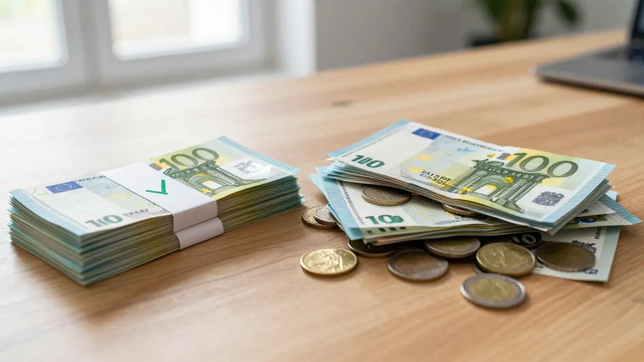 Zwei Stapel Euro-Scheine: Darlehen vs. tatsächliche Gesamtkosten
