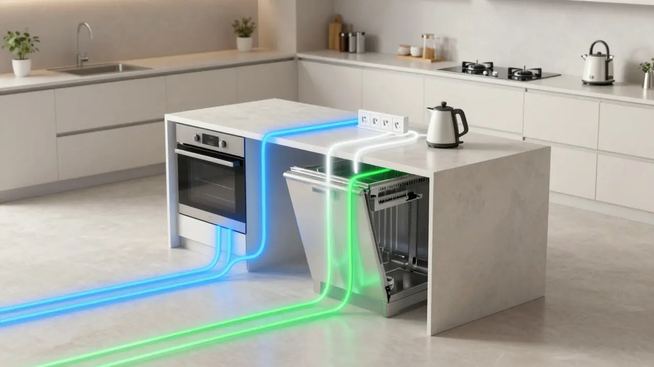 3D-Visualisierung separater Stromleitungen zu Backofen, Spülmaschine und Steckdosen